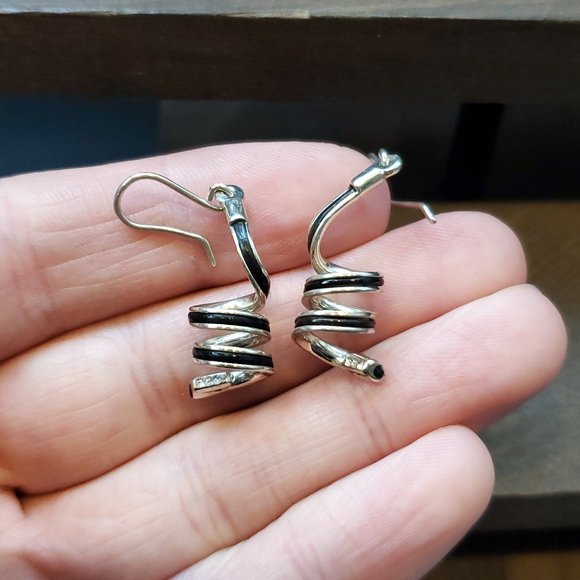 Jewelry - 925 Sterling Silver Black Enamel Corkscrew Dangle Earrings